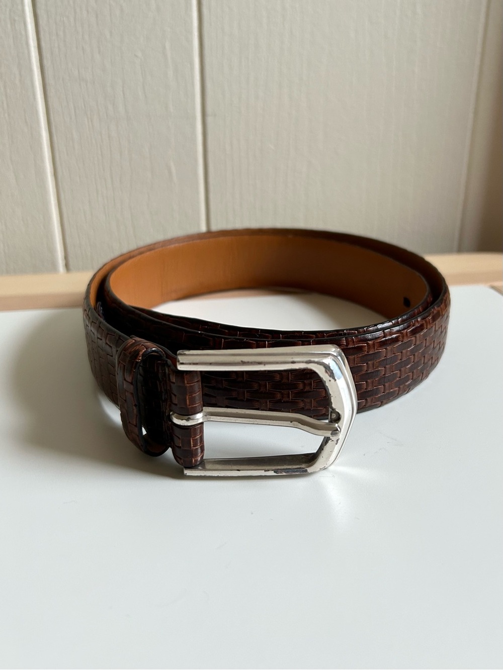 Nat Nast Genuine Italian Woven Leather Belt Dark Brown Silver Accent 41 inches